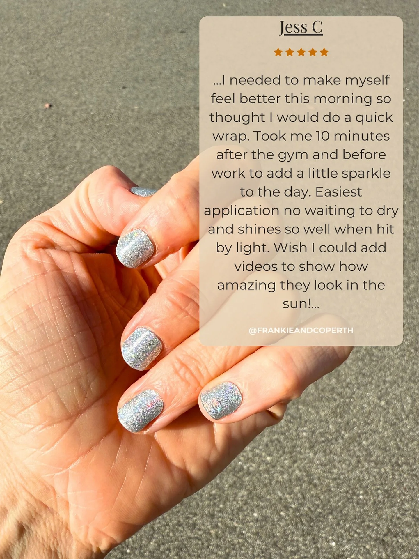 Over the moon with her Frankie wraps.
Jess ordered six designs and has been wearing them for events over the last few months, but today she needed a little lift and reached for the glitter.
&ldquo;It took me 10 minutes after the gym and before work