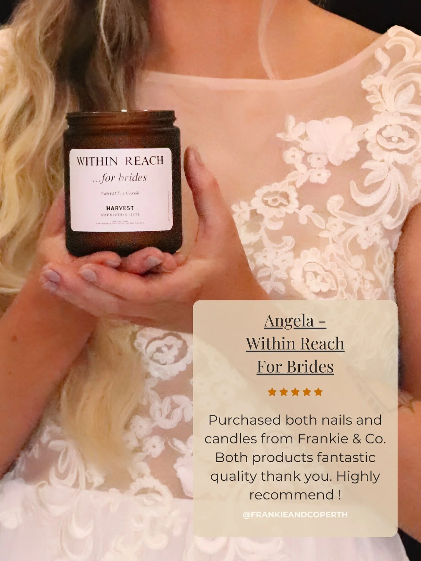 When someone who dresses brides every day chooses Frankie &amp; Co, that means everything 🤍
Angela, owner of Within Reach for Brides, uses Frankie &amp; Co nail wraps for herself and gifts our candles to her bridal clients. Thoughtful, practical, a