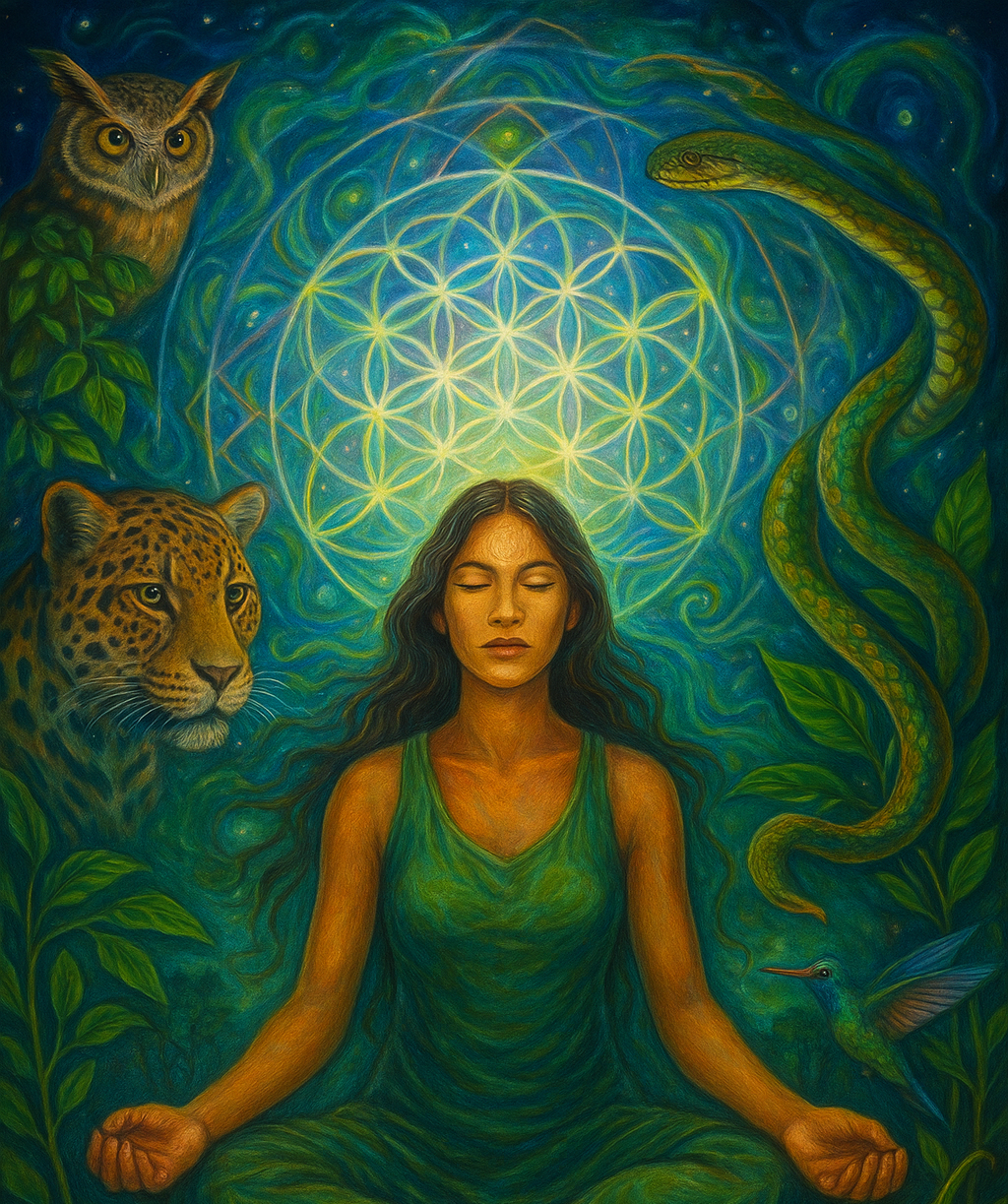 A woman meditating on her spirit guides, surrounded by a leopard, owl, snake, hummingbird, green leaves.