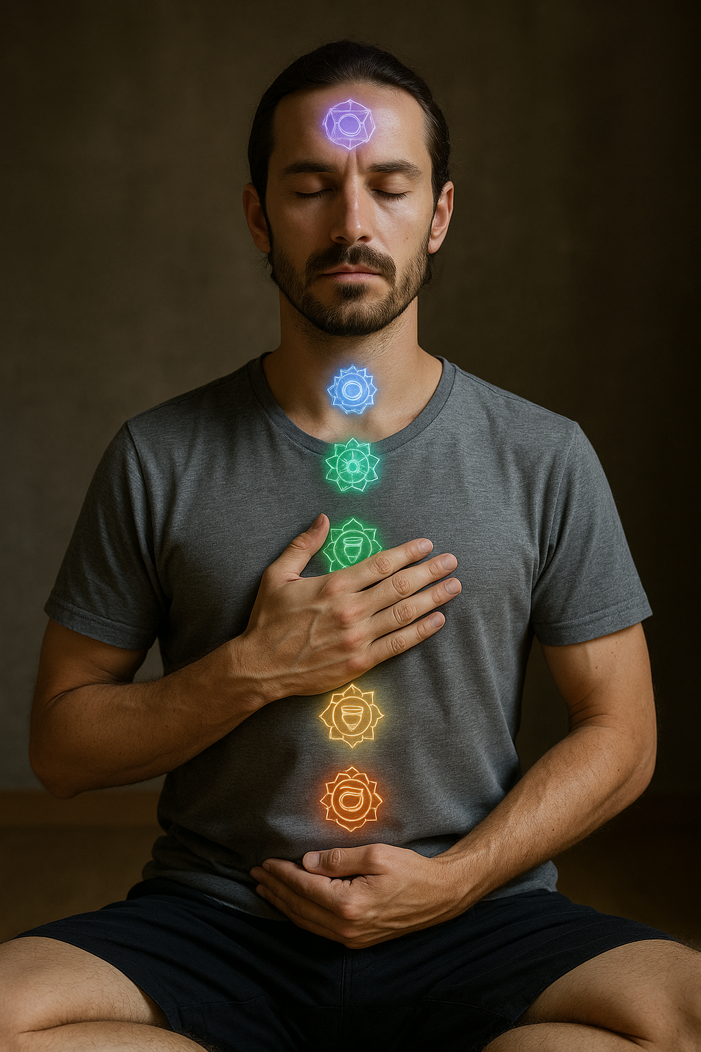 Man meditating and focusing on his illuminated chakras.