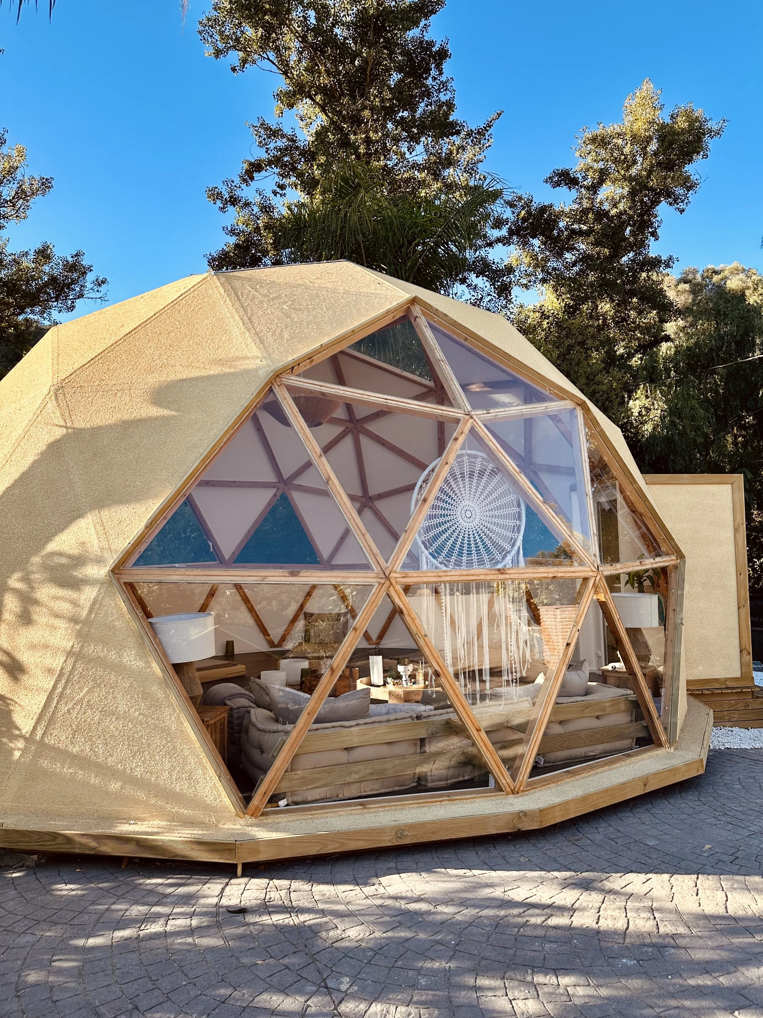 A geodesic dome house with large glass panels showing a cozy living room inside, decorated with a woven dreamcatcher hanging inside, surrounded by trees on a sunny day.