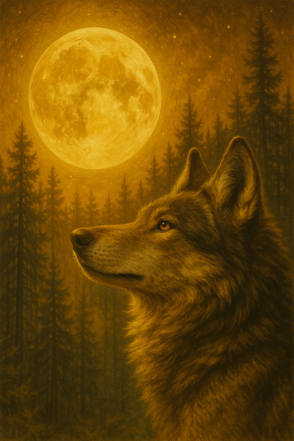 A wolf howling at a large, full moon in a forest with tall pine trees, during a golden-hued night.