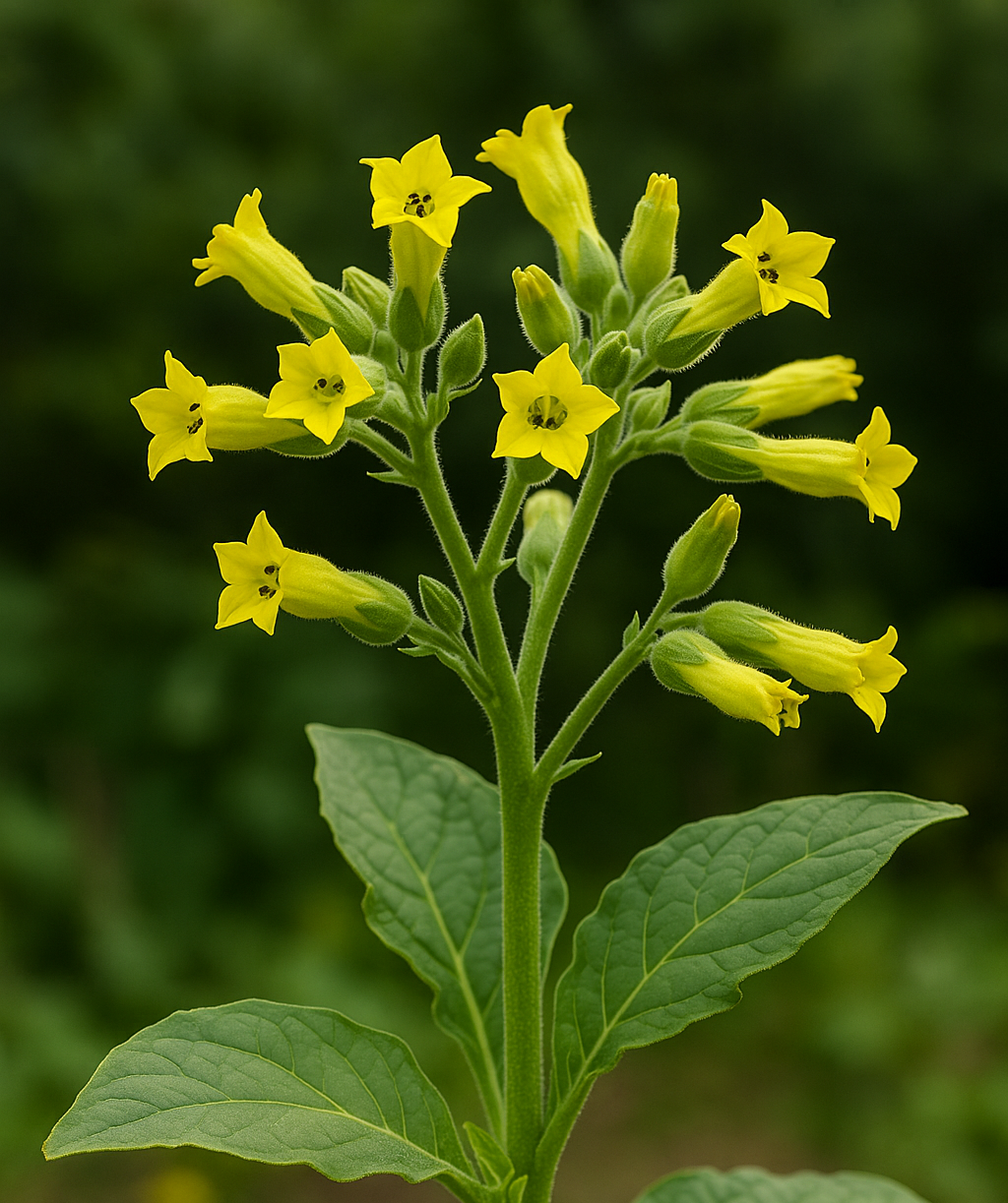 Close-up of a yellow flowering plant with green leaves, showing small star-shaped flowers with black centers.