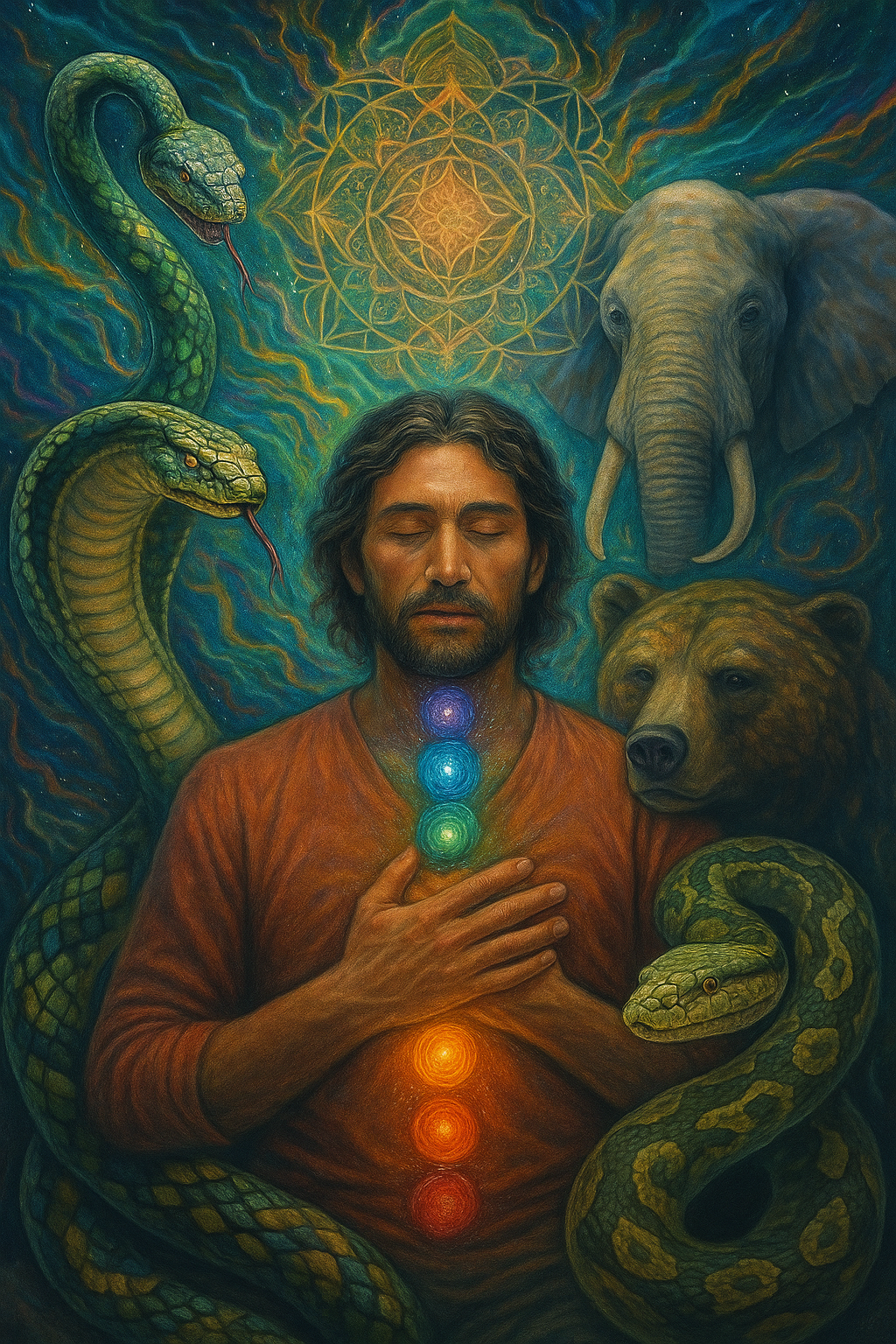 A man fosusing on her spirit guides and a glowing mandala in the background, with chakras aligned along his body.