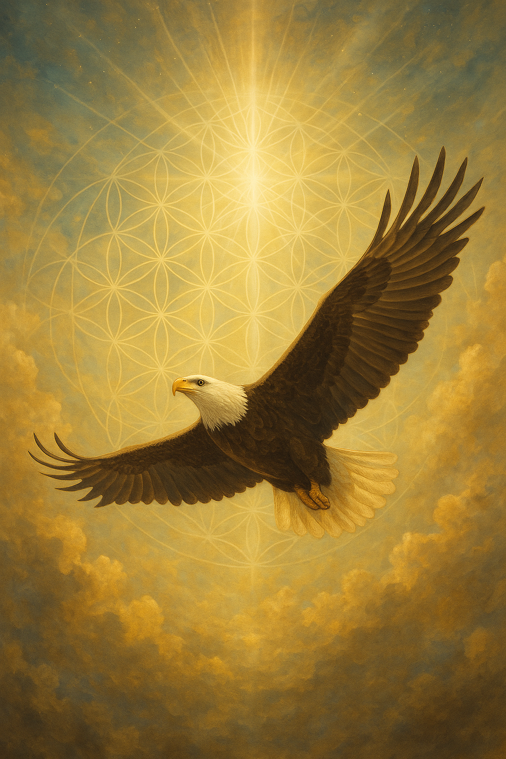 A flying bald eagle with outstretched wings set against a gold sky with clouds, illuminated by bright light and geometric patterns.