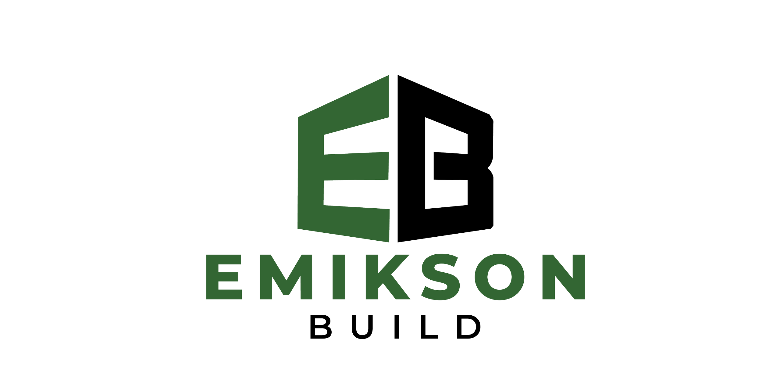 Logo of Emikson Build featuring a 3D cube with the letters E and B, and the company name below in green and black text.