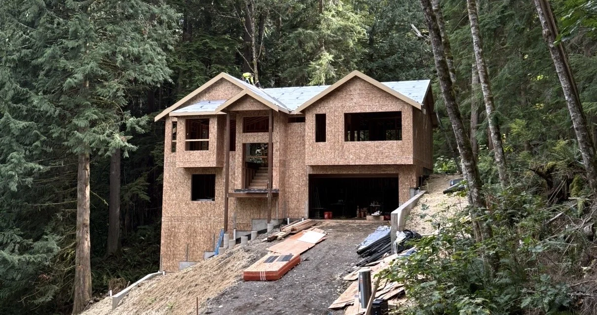A house under construction on a wooded hillside, with plywood exterior and a sloped roof, surrounded by trees.