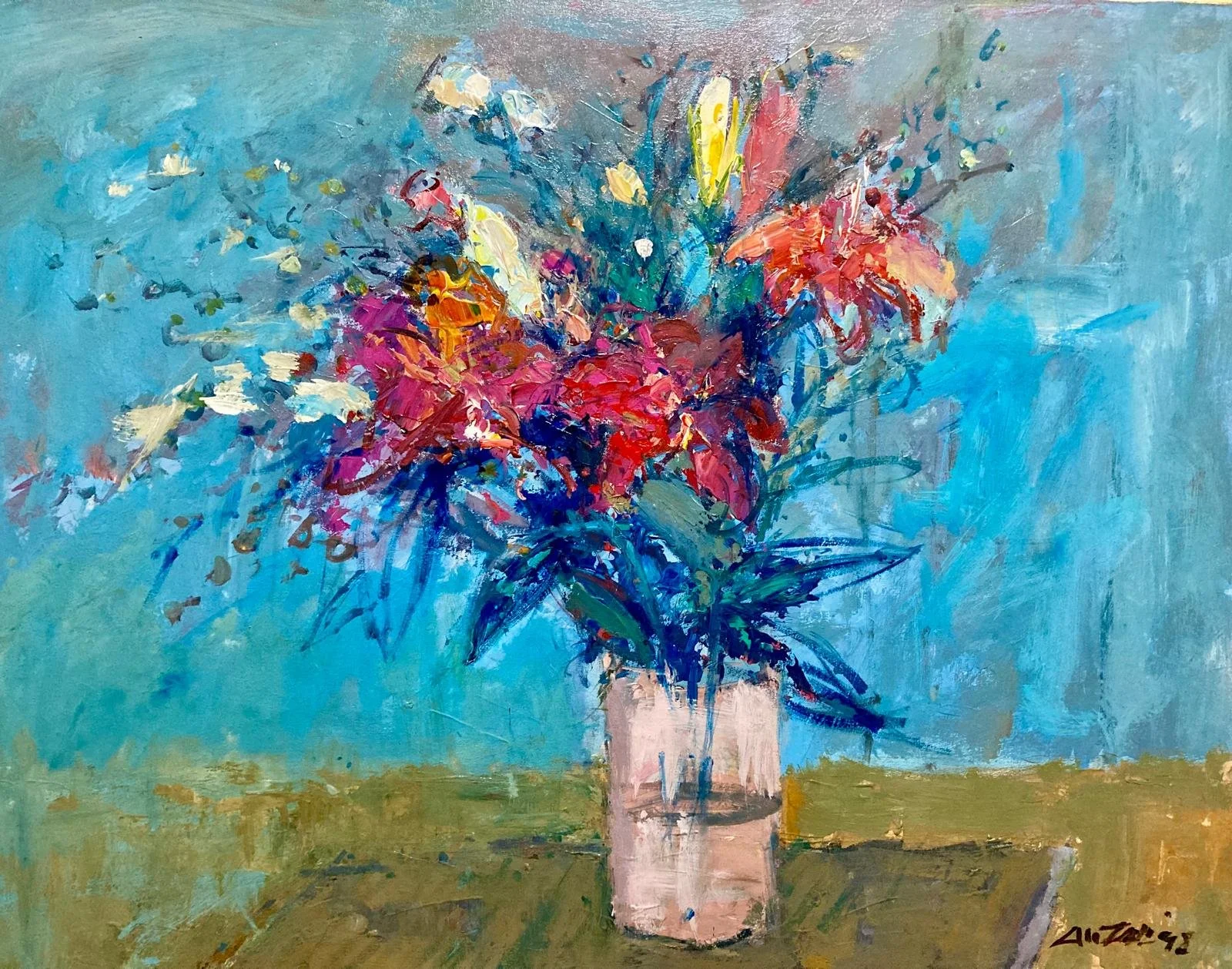 Flowers in White Vase, acrylic on canvas, 60x97cm, 1998