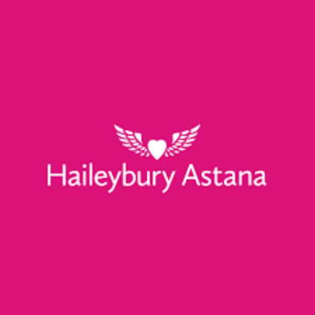 Pink background with a white logo of a heart with wings and the text "Hailebury Astana" underneath.