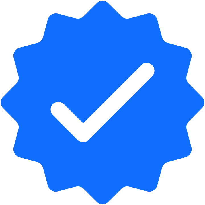Blue badge with a white checkmark in the center.