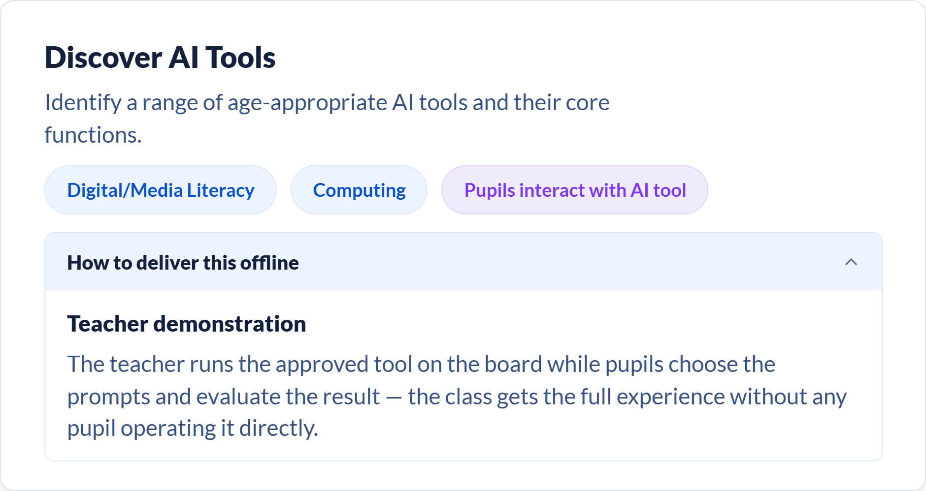 An EDNAS lesson card showing its cross-curricular tags, AI interaction level, and an offline teacher-demonstration option