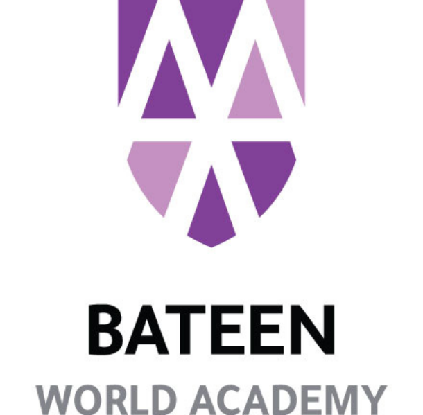 Logo of Bateen World Academy featuring a stylized purple and white geometric shield above the name.