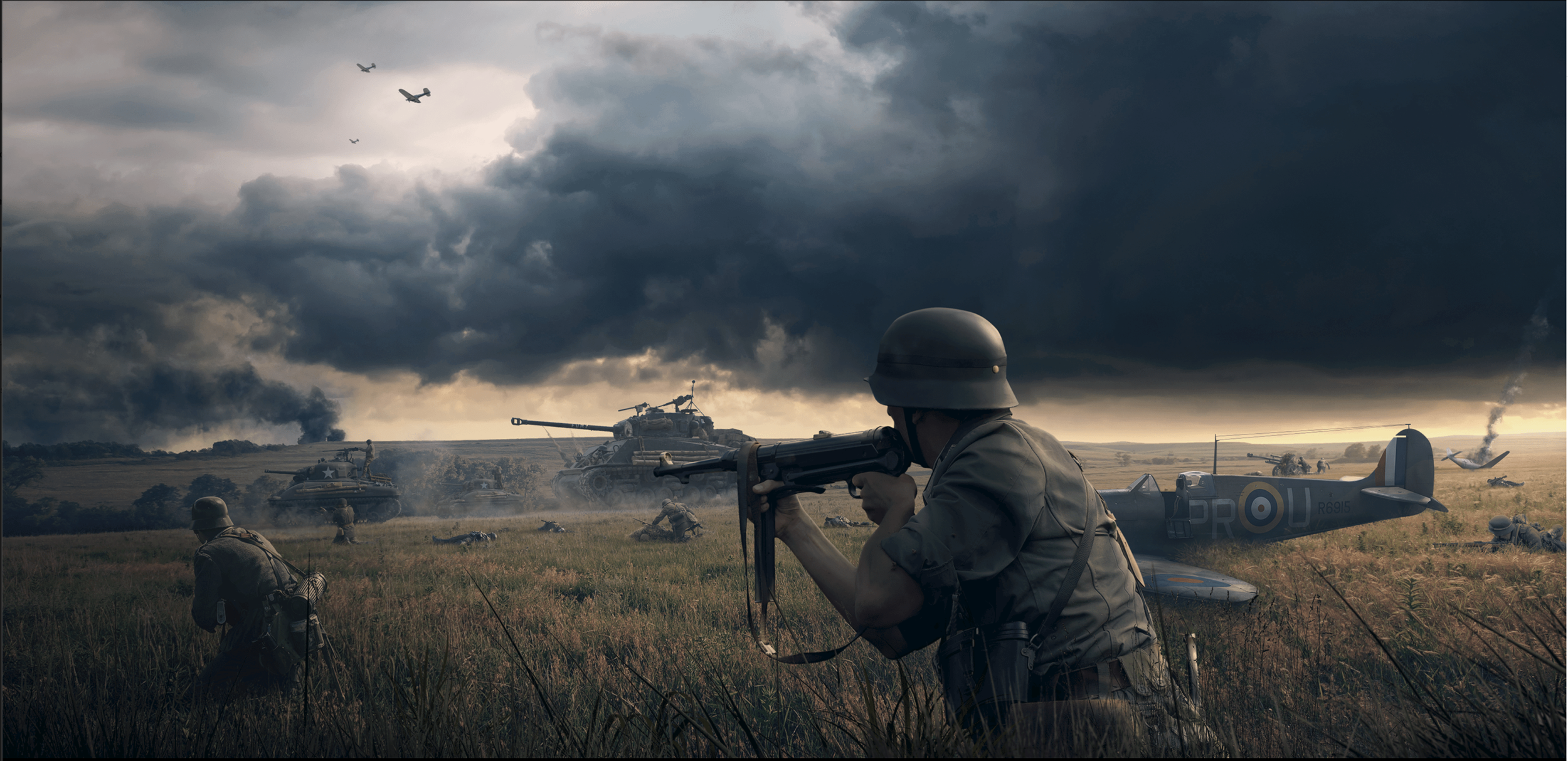 World War II battlefield scene with soldiers, tanks, and aircraft under dark, stormy clouds.