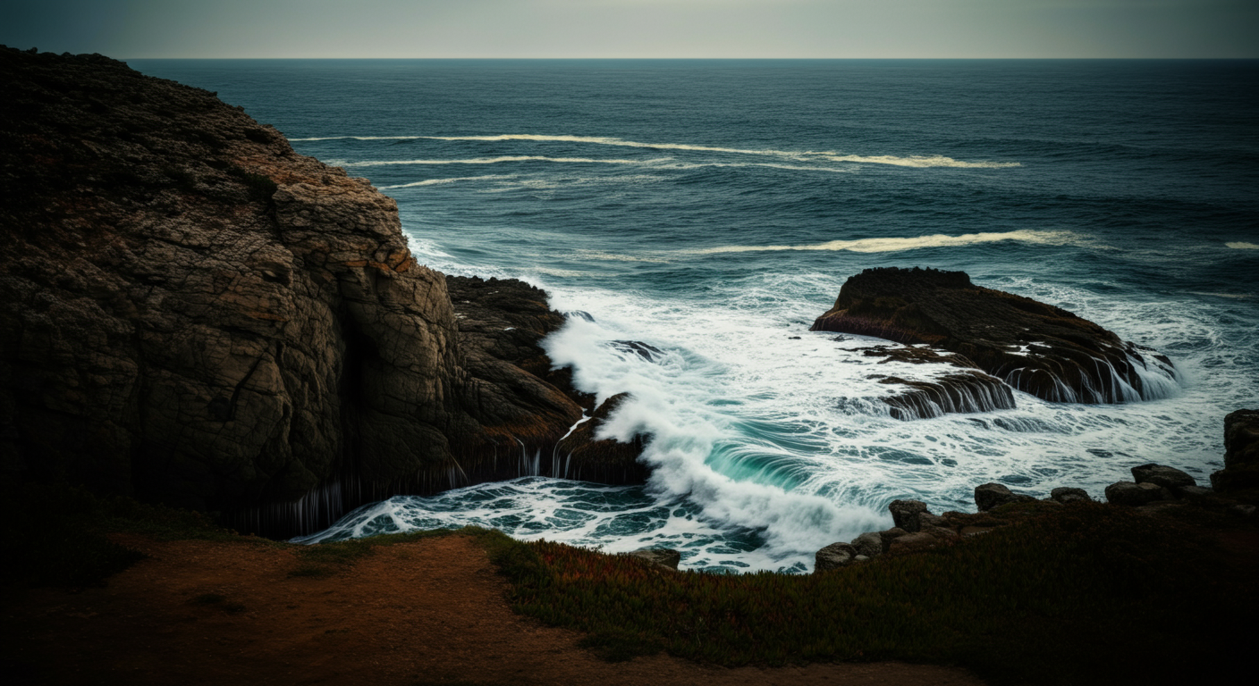 Cliffs overlooking the ocean with waves crashing against rocks and a cloudy sky.