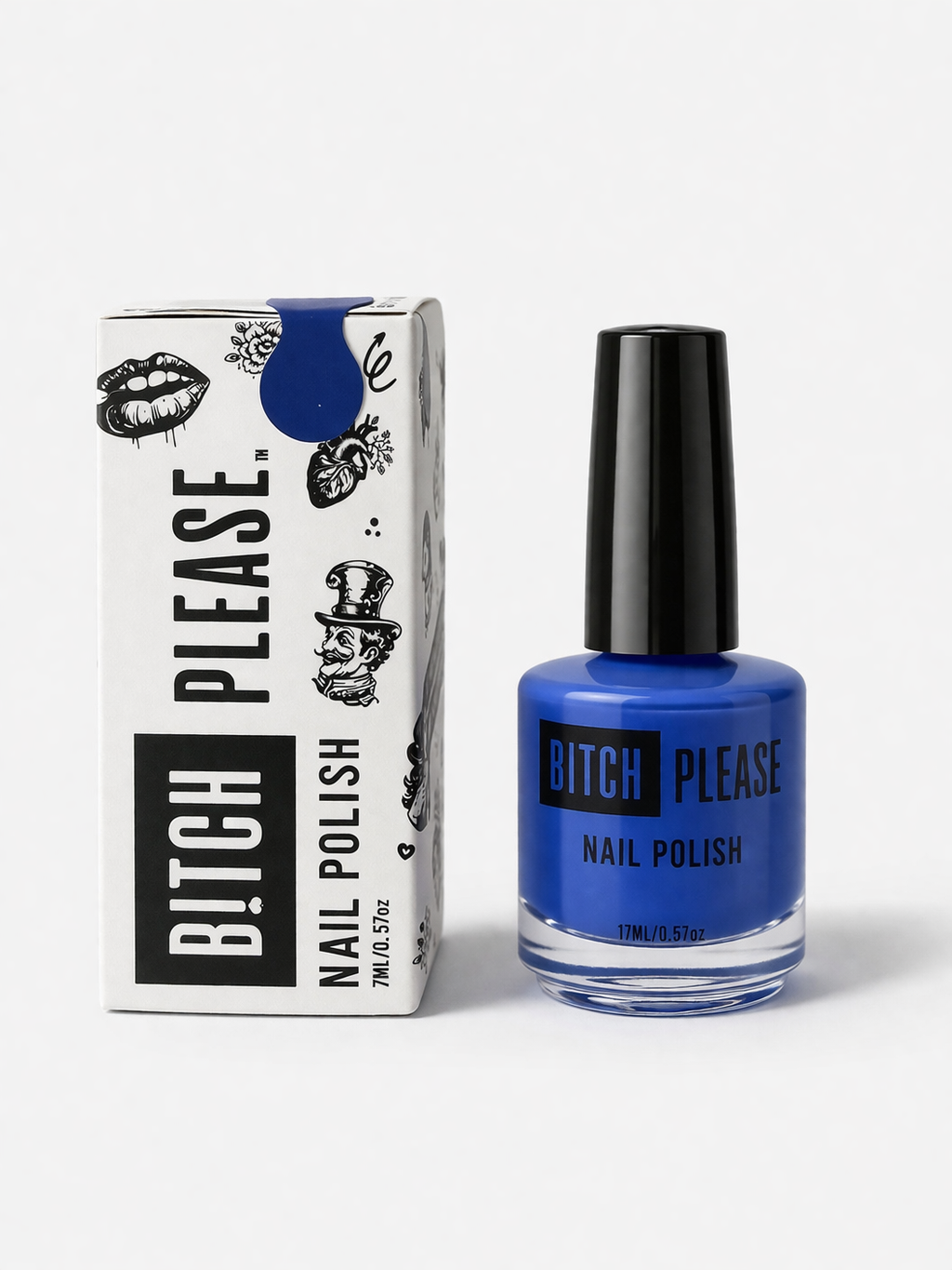 Blue nail polish bottle labeled 'Bitch Please Nail Polish' next to its white packaging box with black illustrations and text.