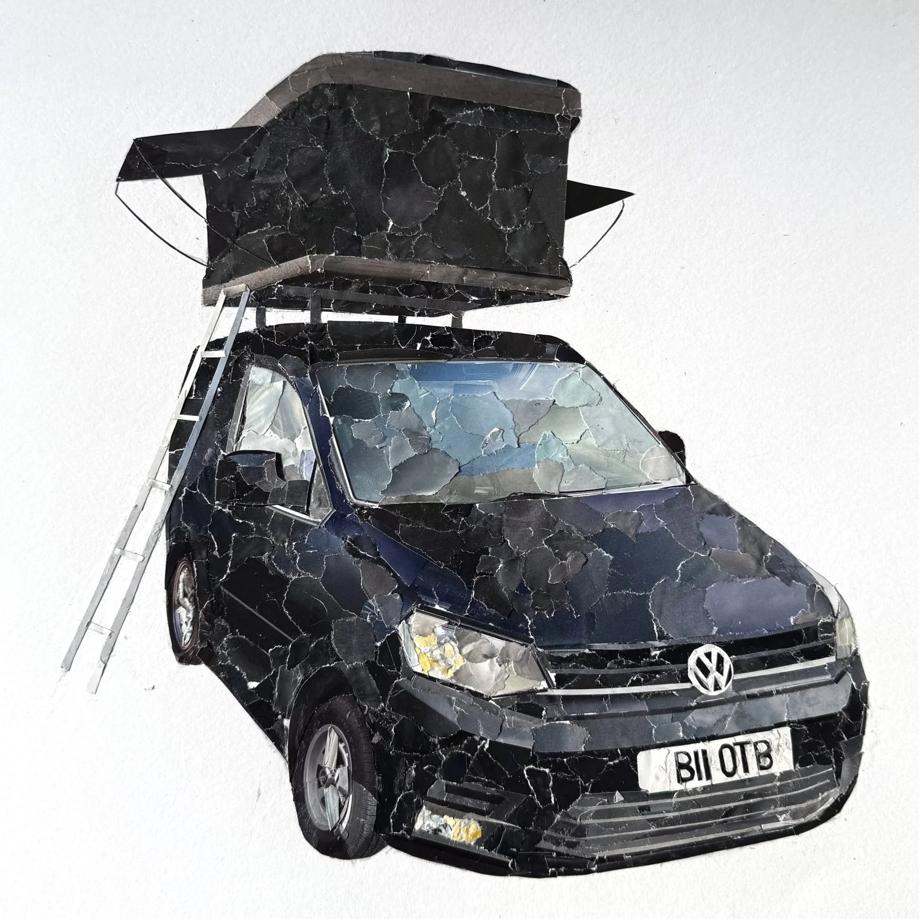 A collage of a black Volkswagen car with a rooftop storage box, a ladder leaning against the side, and a cracked glass-style overlay.