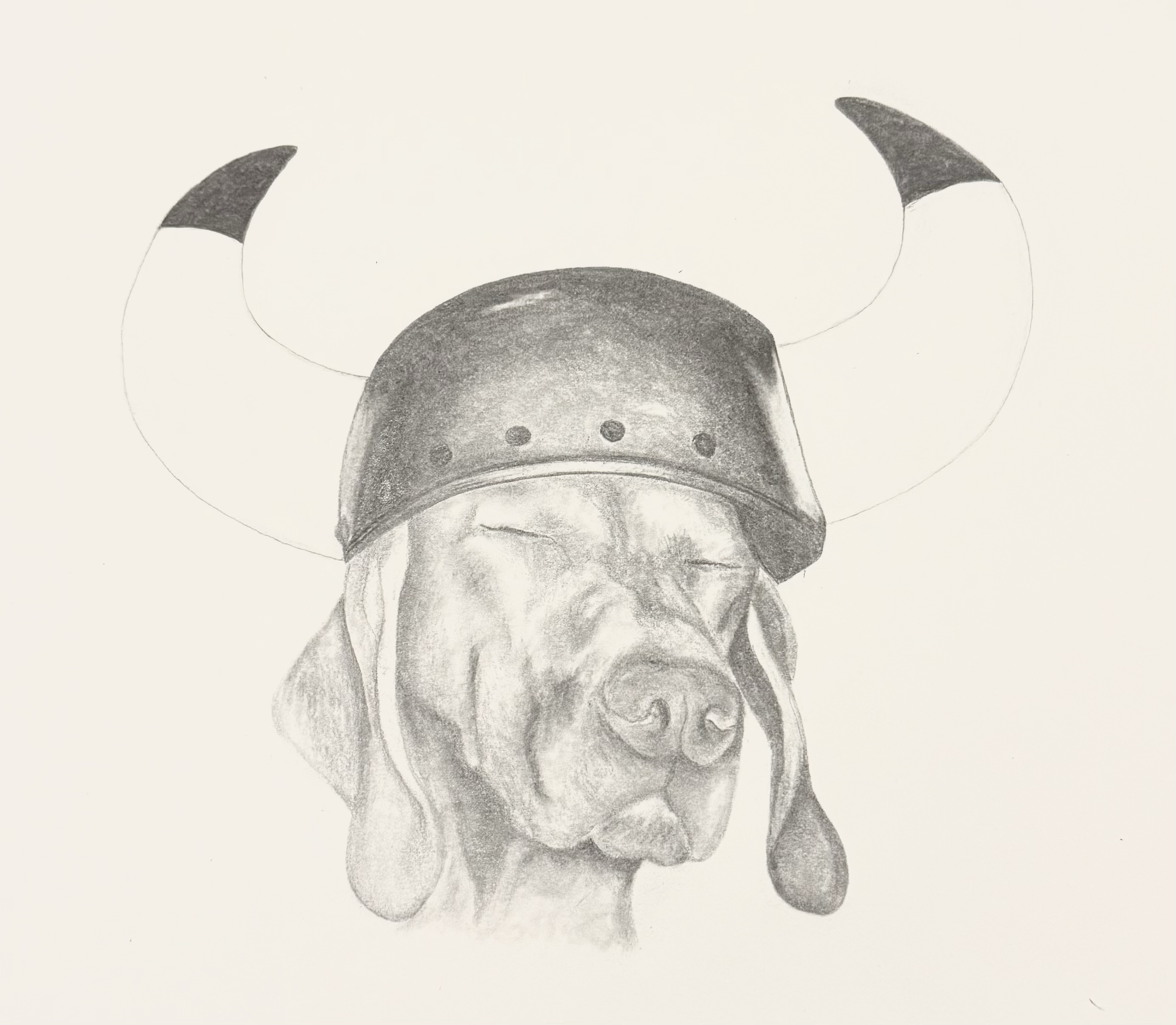 Drawing of a dog wearing a Viking helmet with horns.