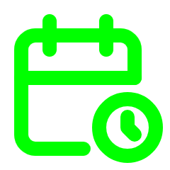 A bright green icon of a calendar with a clock in the lower right corner.