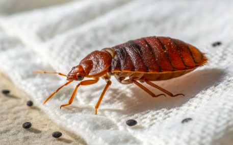 Close-up of a bed bug on a white fabric surface with black specks.