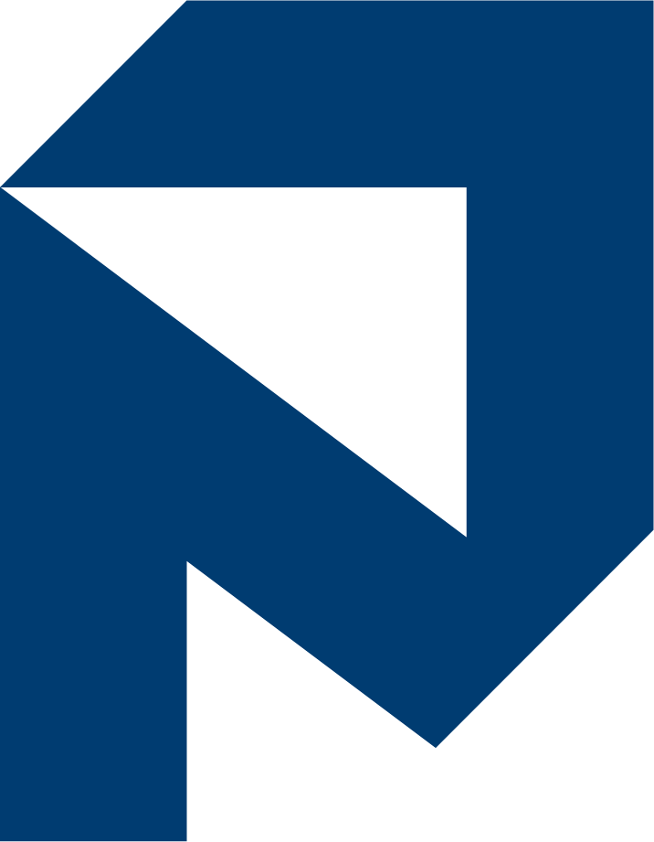 A geometric abstract design with dark blue and gray shapes forming a pattern.