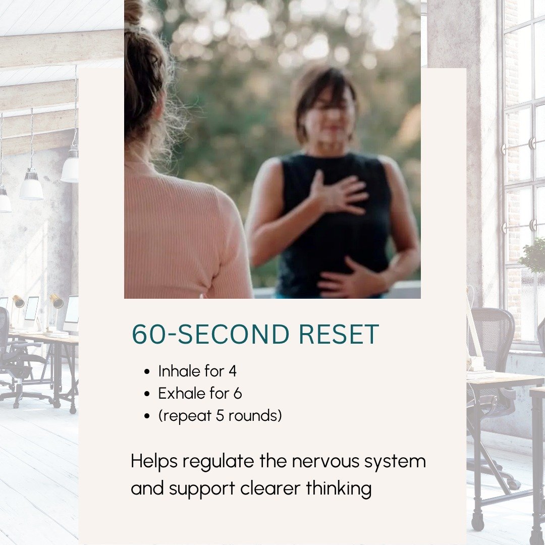 Feeling overwhelmed at work?

Try this 60-second reset 

Inhale for 4
Exhale for 6
Repeat for 5 rounds

It&rsquo;s simple&hellip; but incredibly effective.

This breathing pattern helps regulate your nervous system, bringing you out of stress mode an