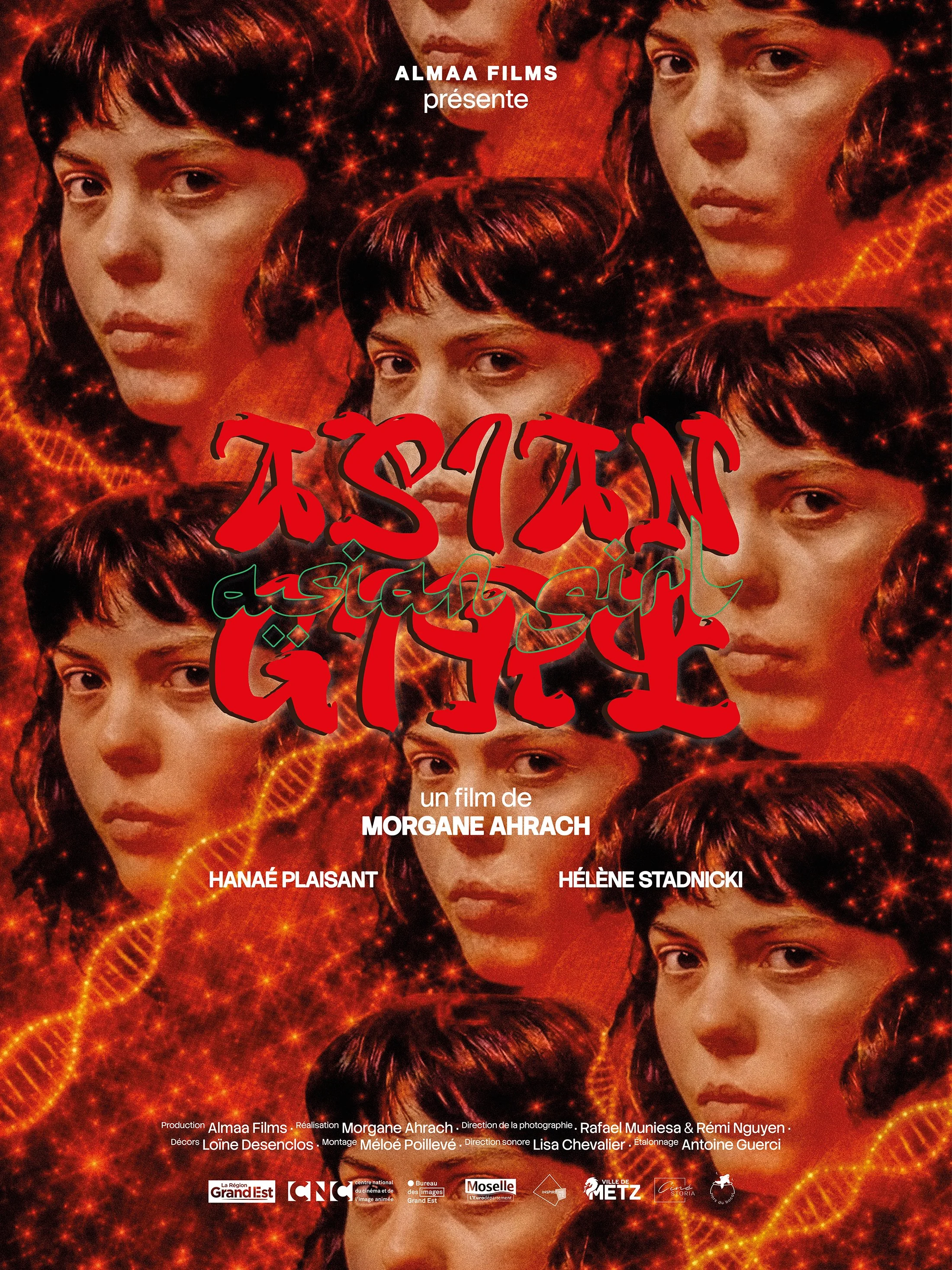 Affiche de film avec plusieurs visages de jeunes femmes avec des cheveux courts, sur un fond rouge avec des motifs lumineux en forme de spirales. Titre en grands caractères rouges et verts, mention du réalisateur Morgane Ahrach et des actrices Hanaé Plaisant et Hélène Stadnicki.