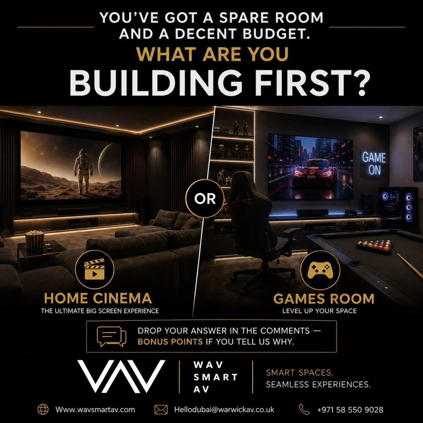 You've got a spare room and a decent budget. What are you building first?

🎬 Home cinema
🎮 Games room

Drop your answer in the comments &mdash; bonus points if you tell us why.
#HomeCinema #GamesRoom #AVinstall #SmartHome #AudioVisual