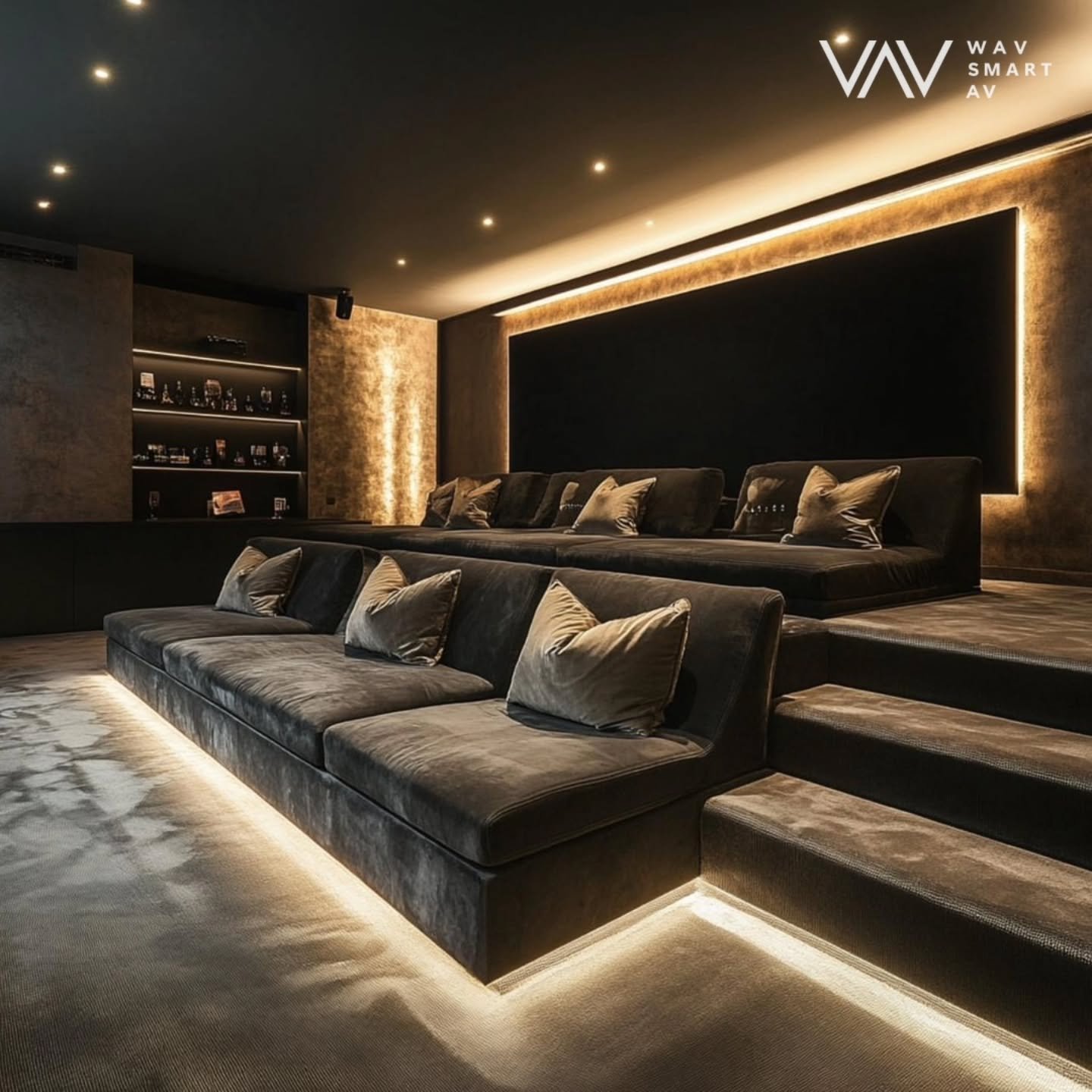 Tiered seating and hidden LED step lighting. A private cinema should feel like the best seat in the house, every night.

We design and install home cinemas, lighting control and whole-home audio for villas and penthouses across Dubai.

Book a consult