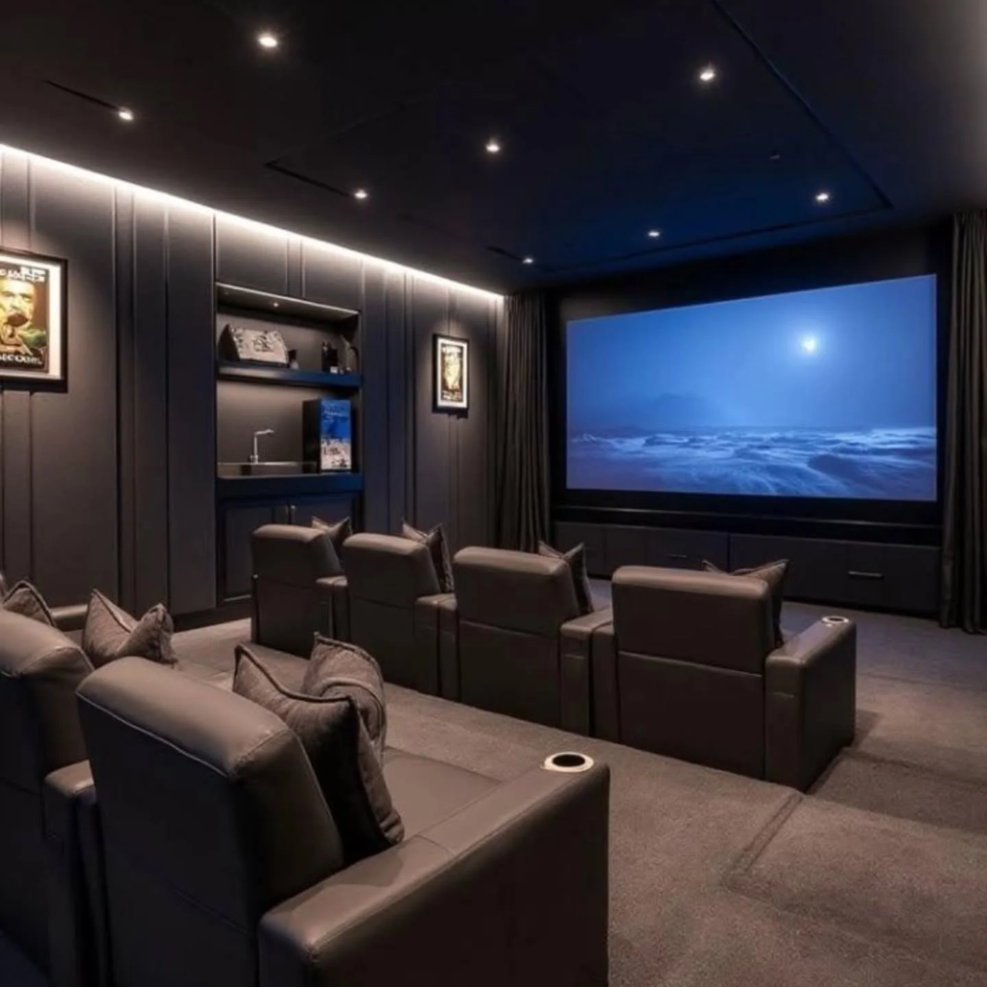 Cinema rooms don't need to be huge. They need to be planned properly: screen size matched to seating distance, sound that fills the room without carrying through the house, and lighting that dims as the film starts.

We design and install private cin