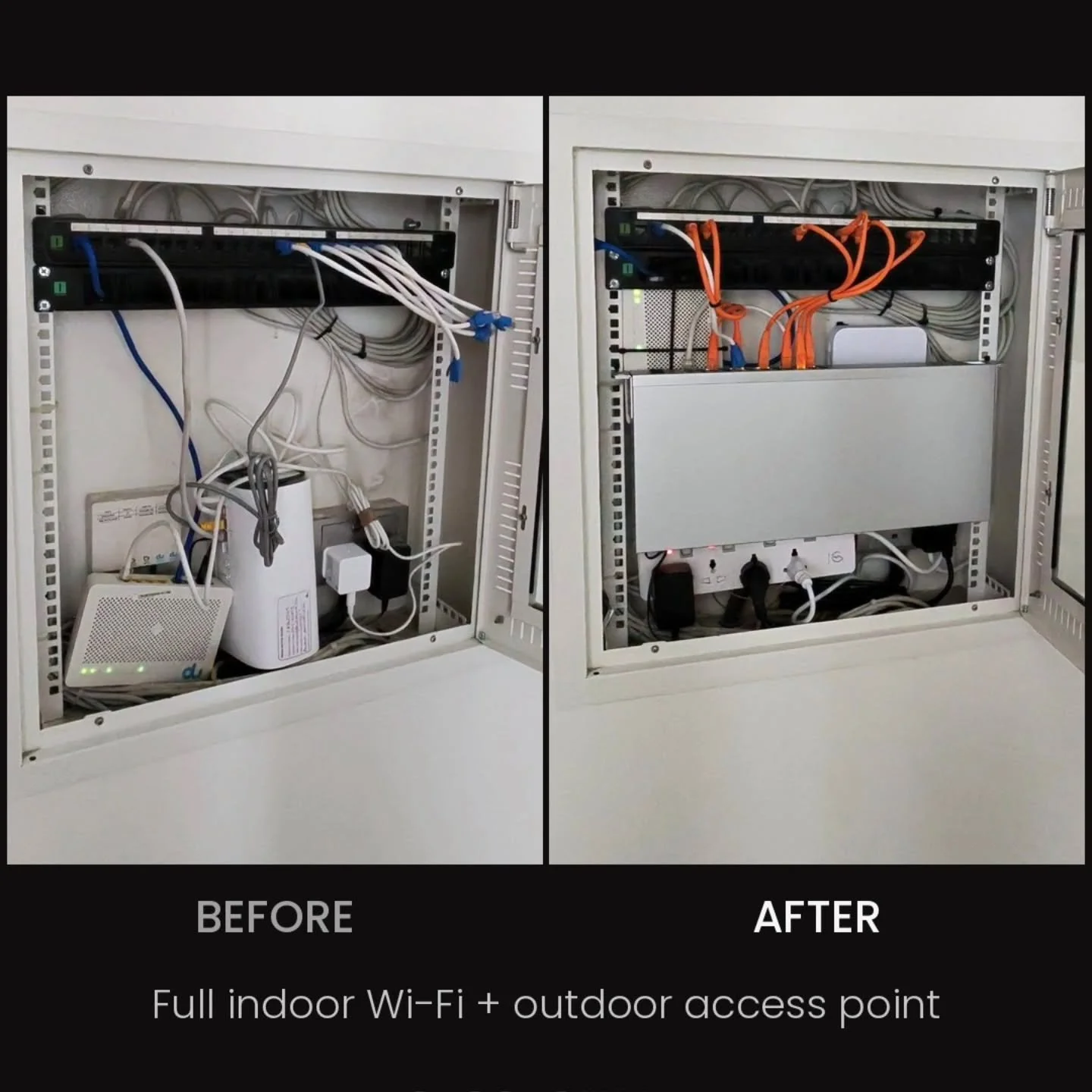 Before and after. Same cabinet, same villa.

We sorted the network and installed a full Wi-Fi system this week: coverage throughout the house plus an outdoor access point for the garden. Every cable patched and labelled properly, so it's easy to look
