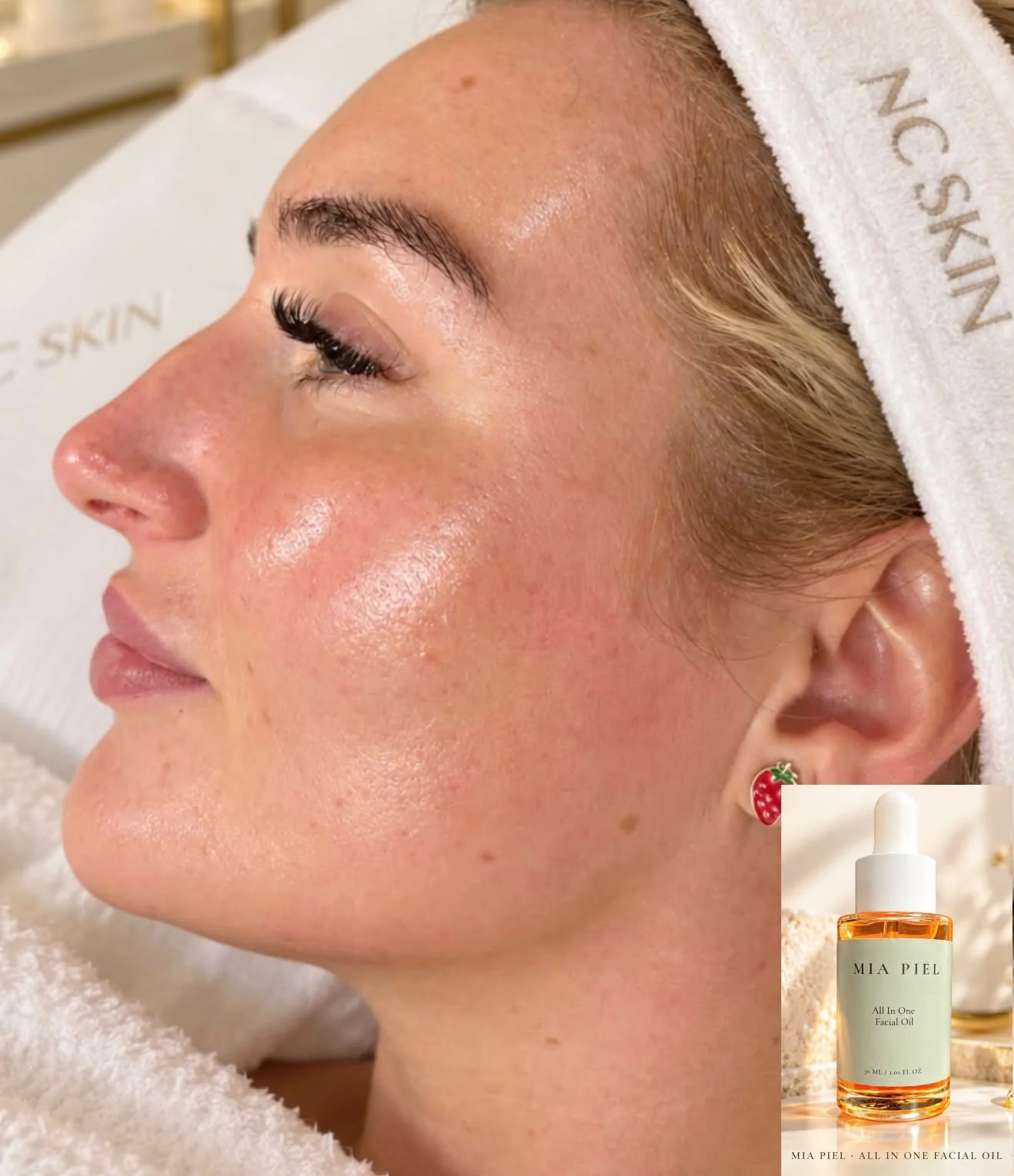 Woman receiving a skincare treatment beside an inset bottle of Mia Piel All In One Facial Oil