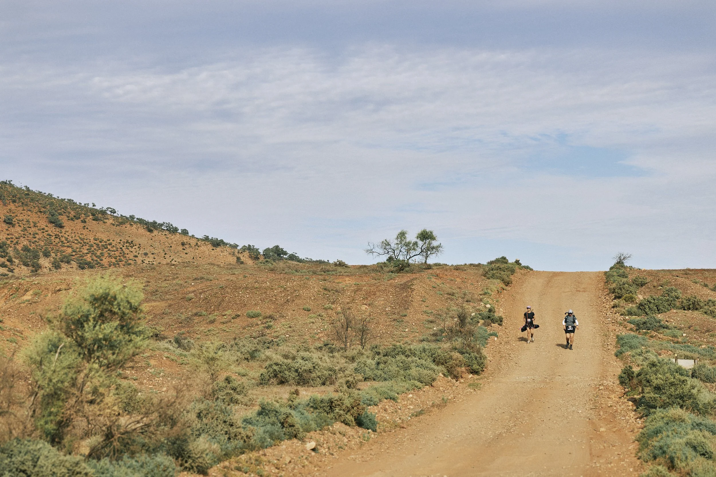 Two hikers walking on a dirt trail in a semi-arid landscape with sparse bushes and a few trees, under a partly cloudy sky.