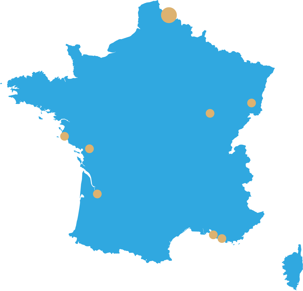 Carte de la France avec des points dorés indiquant less emplacements géographiques des différents cabinets.