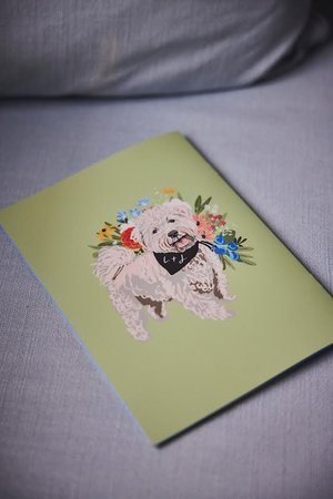 Custom illustrated wedding stationery by Bee Davies Illustration featuring a hand-painted portrait of the couple’s dog surrounded by colourful florals. This playful, personal design adds a heartfelt touch - perfect for animal-loving couples wanting b