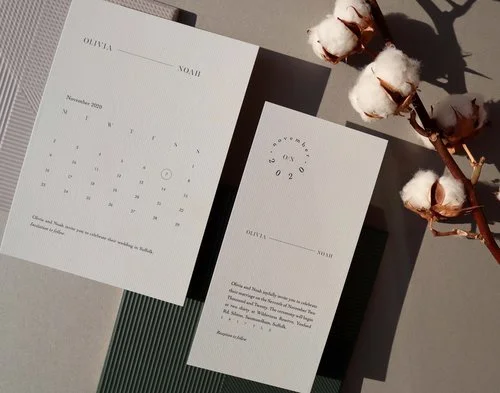 Elegant minimalist “Save the Date” cards by Pelirocco Design. Featuring clean typography, soft neutral tones, and modern calendar detailing, this refined stationery design is perfect for contemporary couples seeking timeless, design-led wedding invit