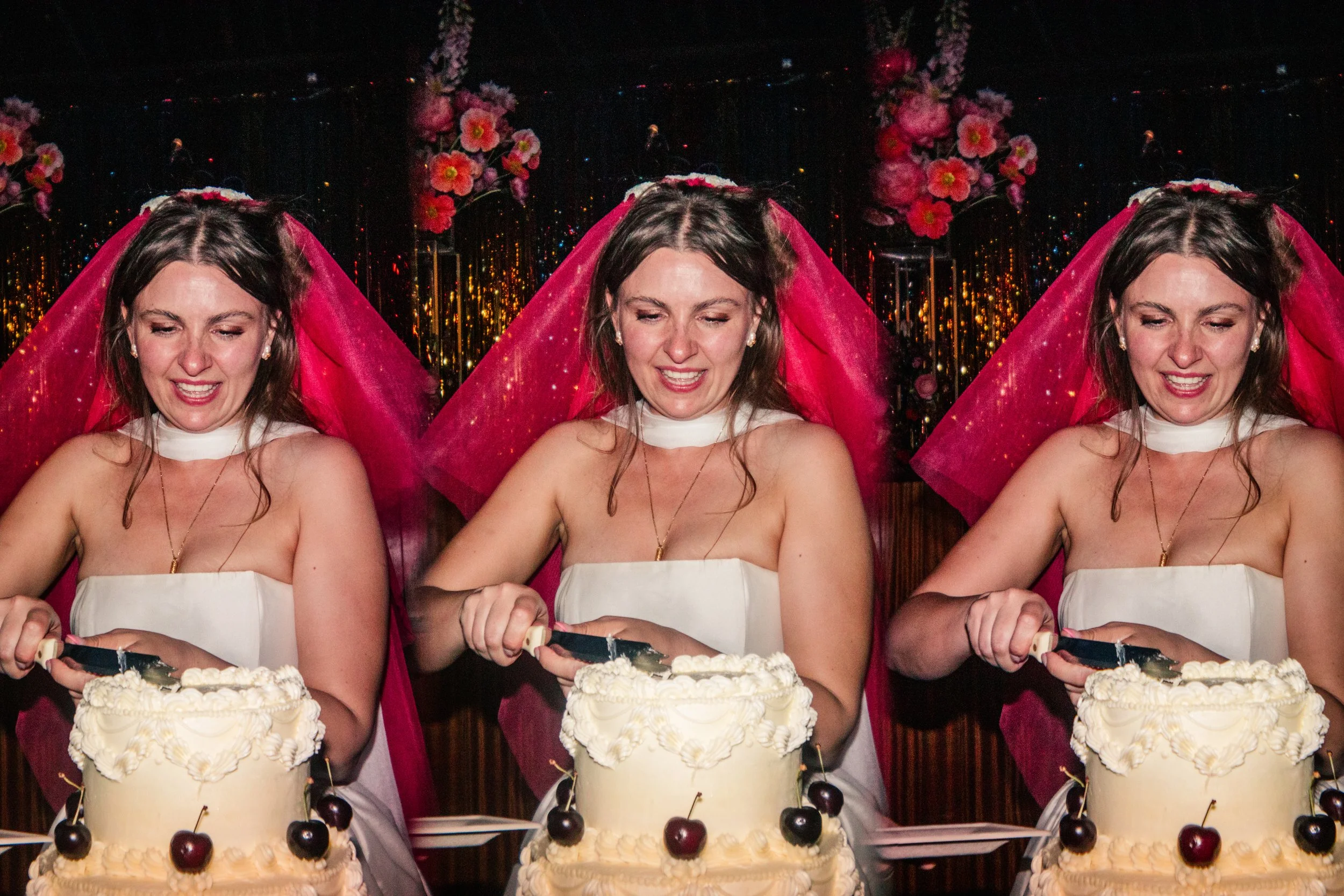 A fun, high-energy wedding cake-cutting moment at Mildmay Club, captured in a playful triple-exposure style by Teddy Photo + Film. The bride stands in front of bright pink tulle décor and colourful floral arrangements, laughing as she cuts into a vin