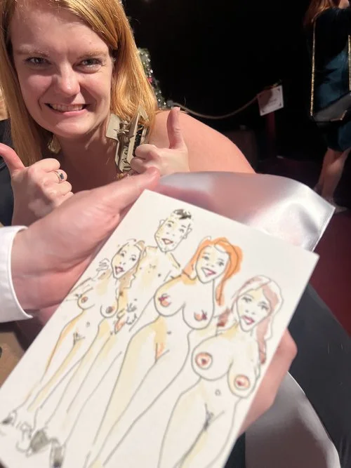 Rose Popay Event Artist sketching playful and humorous caricatures of wedding guests, creating unique keepsakes and entertainment during celebrations.