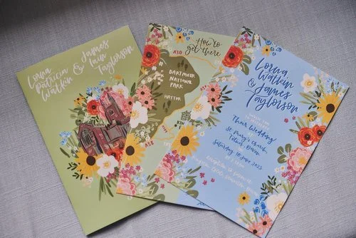 Floral illustrated wedding invitations by Bee Davies Illustration. Featuring hand-painted botanical designs and personalised venue artwork, these bespoke stationery pieces combine art and storytelling - perfect for couples seeking unique, custom wedd