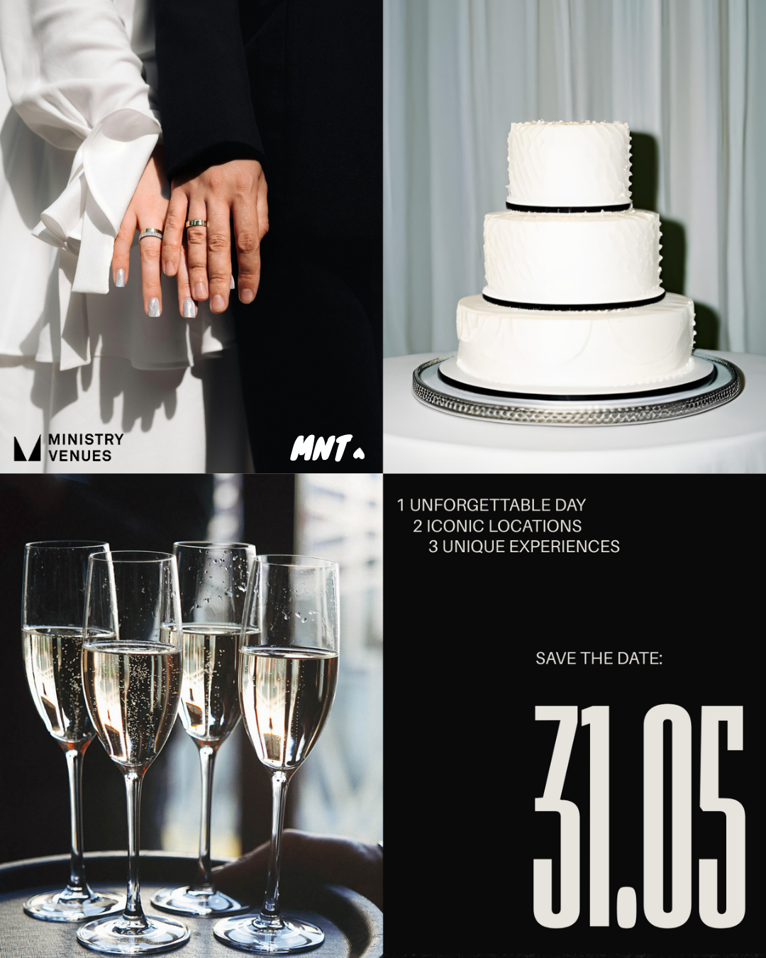 A promo graphic for MNT Live at Ministry Venues. It's black and white and displays images of a wedding cake, champagne, and a modern bride and groom showing off their wedding rings.