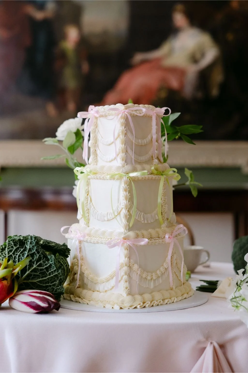 Elegant retro-inspired wedding cake by The Cake Hun featuring tiered vintage piping, soft ivory buttercream and delicate pastel ribbon detailing. A modern, design-led wedding cake blending nostalgic styling with contemporary aesthetics, perfect for c