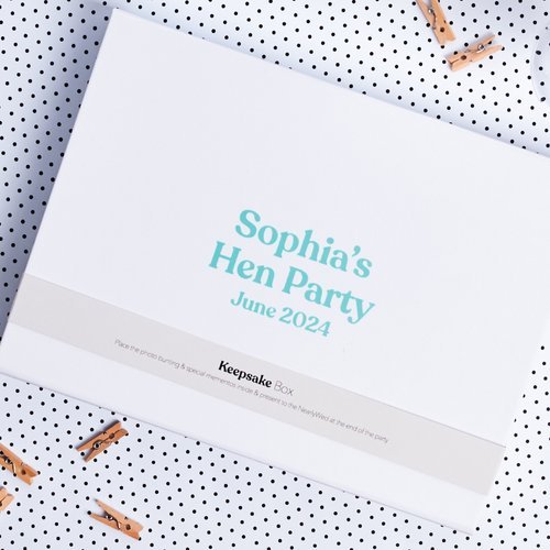 White keepsake box with turquoise text reading 'Sophia's Hen Party June 2024', designed by Melon Teaspoon for personalised celebration packaging.