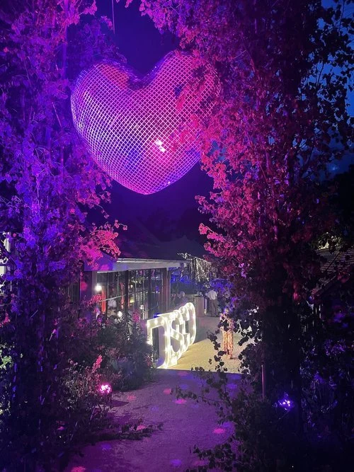 My Colour is Gold giant suspended disco ball glowing with purple and pink lights, paired with illuminated letters for a spectacular wedding or party setting.