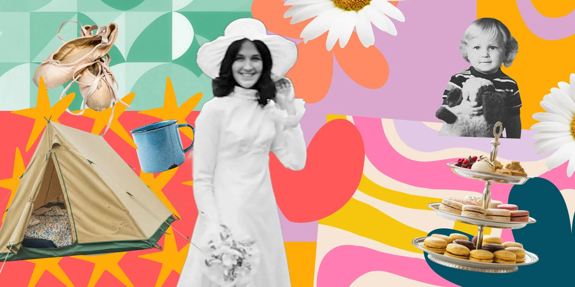 A collage of a bride with a tent, a cake, a child, ballet pumps, and flowers.