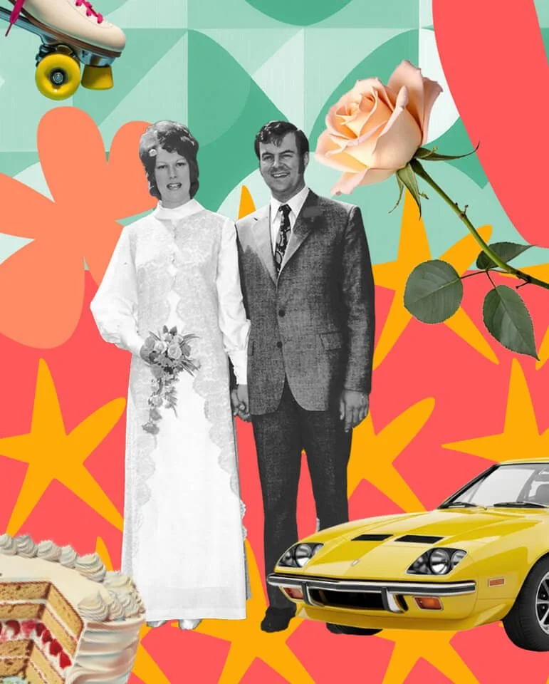 A collage of a married couple with a sports car, a roller-skate, hearts and flowers.