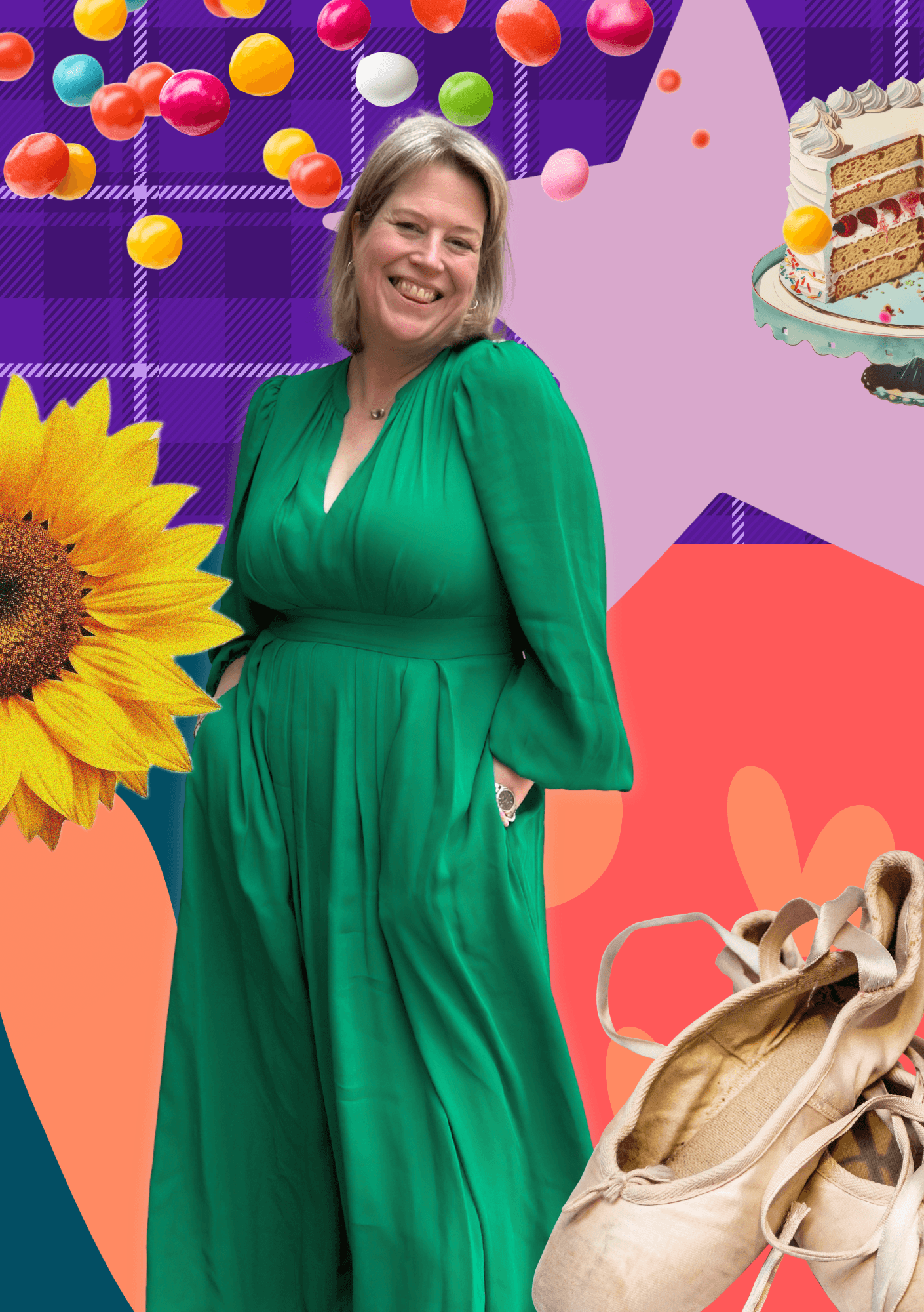 Becky M Celebrant in a green dress, as part of a collage with a sunflower, ballet pumps, sweets and cake. 