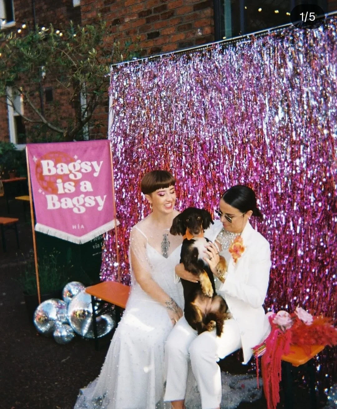 Playful wedding portrait featuring a couple in white seated in front of a pink tinsel backdrop, holding their dog. Disco balls, retro signage and bold props from Trashy Decor create a fun, colourful wedding styling moment.
