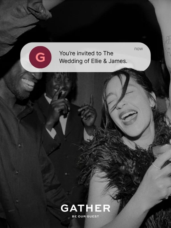 Black and White photo of 3 guests dancing with a message from the Gather platform reading 'You're invited to the wedding of Ellie & James