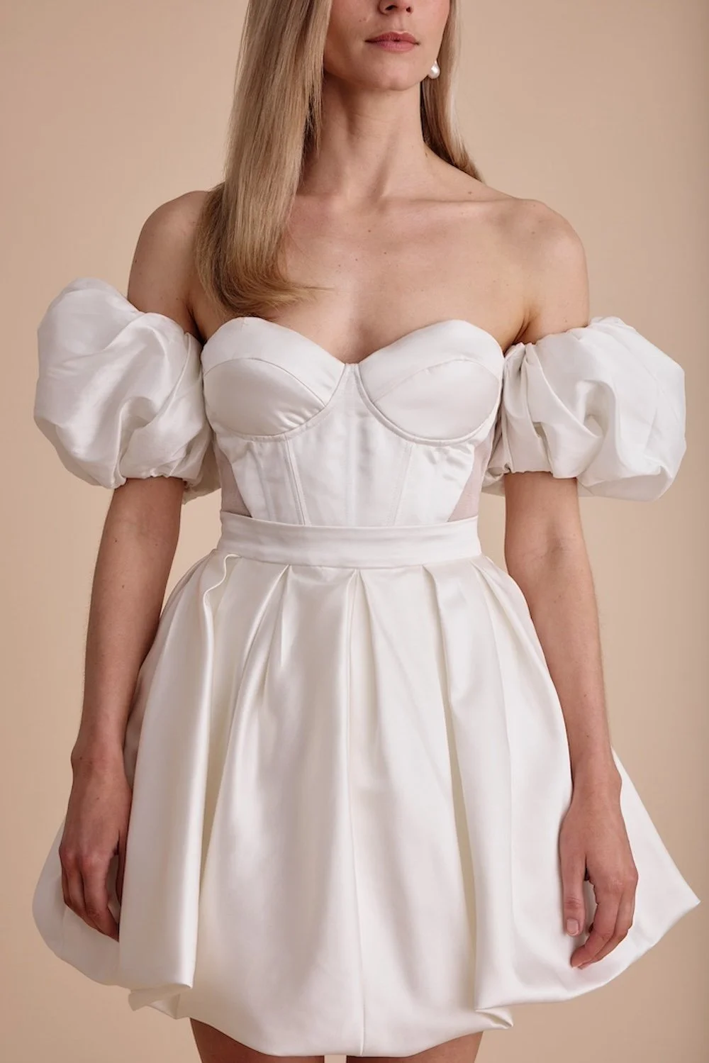 A puff sleeve, mini wedding dress by Swans Bridal, West Sussex