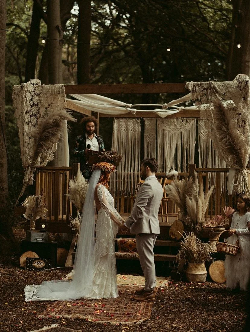 Outdoor wedding ceremony led by celebrant Lonan Jenkins, featuring a vibrant, festival-style celebration with colourful outfits, live music, heartfelt rituals and relaxed guests. Authentic, inclusive wedding moments captured in nature, full of person