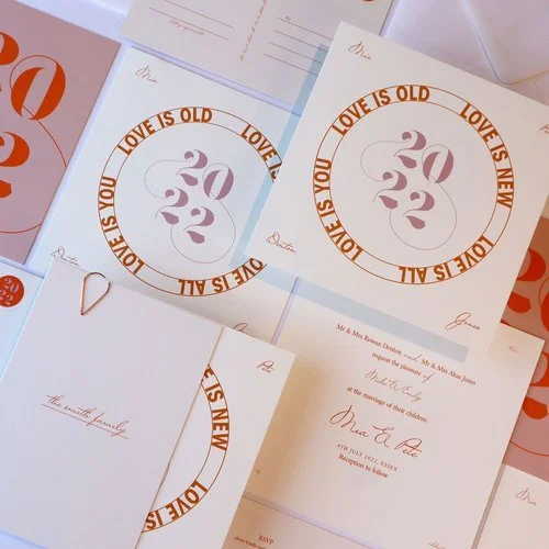 Retro-inspired wedding stationery suite by Pelirocco Design. Featuring warm peach and terracotta tones, circular typography, and modern minimalist layouts, this stylish invitation set blends vintage charm with contemporary design - perfect for fashio